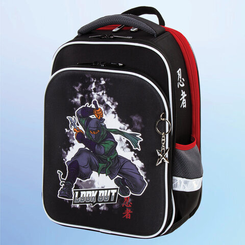 Ранец BRAUBERG QUADRO, 3 отделения, с брелком, "Ninja", 37х28х18 см, 229954