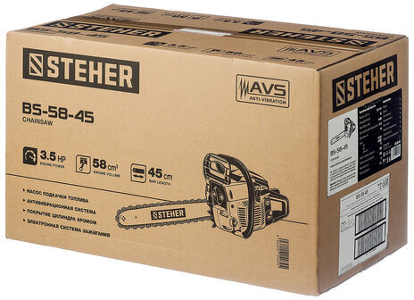 Бензопила STEHER BS-58-45, 2600 Вт, 11000 об/мин, объем двигателя 58 см3, 3,5 л.с., BS-58-45
