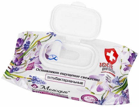 Салфетки влажные 150 шт., АНТИБАКТЕРИАЛЬНЫЕ, с пластиковым клапаном, МЕЛОДИЯ, 115226