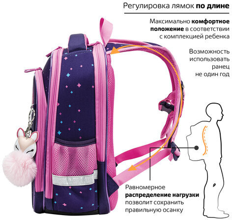 Ранец BRAUBERG QUADRO, 3 отделения, с брелком, "Little fox", СВЕТЯЩИЙСЯ, 37х28х18 см, 270601