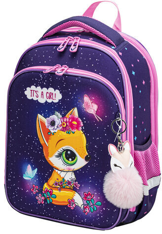 Ранец BRAUBERG QUADRO, 3 отделения, с брелком, "Little fox", СВЕТЯЩИЙСЯ, 37х28х18 см, 270601