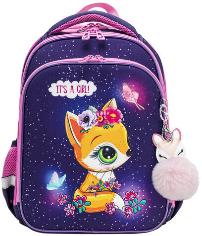 Ранец BRAUBERG QUADRO, 3 отделения, с брелком, "Little fox", СВЕТЯЩИЙСЯ, 37х28х18 см, 270601