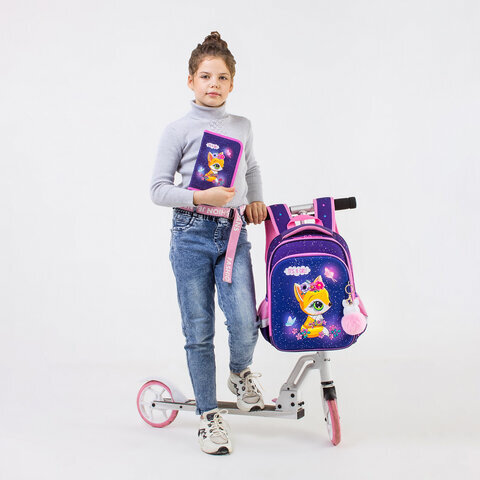 Ранец BRAUBERG QUADRO, 3 отделения, с брелком, "Little fox", СВЕТЯЩИЙСЯ, 37х28х18 см, 270601