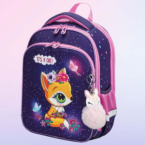 Ранец BRAUBERG QUADRO, 3 отделения, с брелком, "Little fox", СВЕТЯЩИЙСЯ, 37х28х18 см, 270601