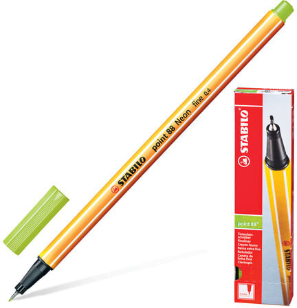Ручка капиллярная (линер) STABILO "Point 88", НЕОНОВАЯ ЗЕЛЕНАЯ, корпус оранжевый, линия письма 0,4 мм, 88/033