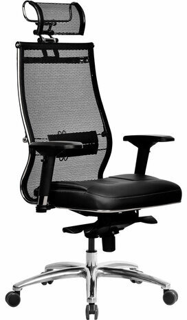 Кресло офисное МЕТТА "SAMURAI" SL-3.05, с подголовником, сверхпрочная ткань-сетка/экокожа, черное