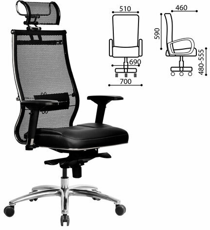 Кресло офисное МЕТТА "SAMURAI" SL-3.05, с подголовником, сверхпрочная ткань-сетка/экокожа, черное
