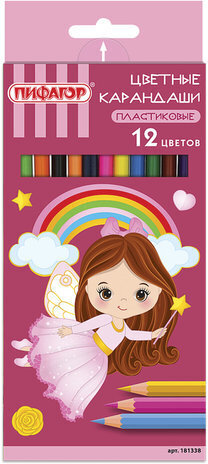 Карандаши цветные ПИФАГОР "ФЕЯ", 12 цветов, пластиковые, классические, заточенные, 181338