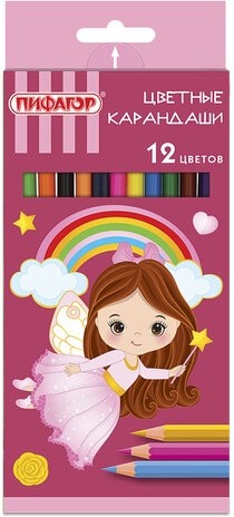 Карандаши цветные ПИФАГОР "ФЕЯ", 12 цветов, пластиковые, классические, заточенные, 181338
