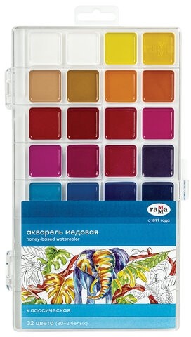 Краски акварельные ГАММА "Классическая", 32 цвета, медовая, пластиковая коробка, европодвес, 1009199