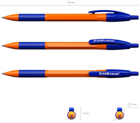 Ручка шариковая автоматическая с грипом ERICH KRAUSE "R-301 Orange", СИНЯЯ, 1,0 мм, линия письма 0,5 мм, 46762