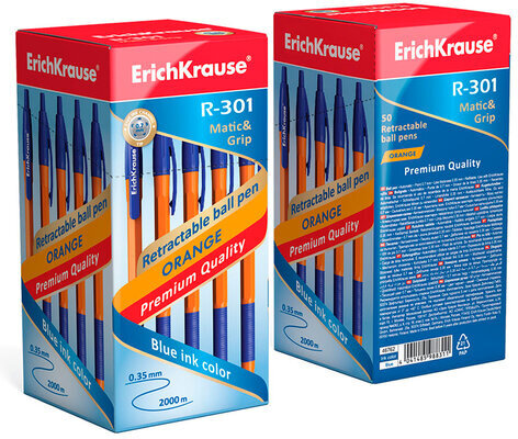 Ручка шариковая автоматическая с грипом ERICH KRAUSE "R-301 Orange", СИНЯЯ, 1,0 мм, линия письма 0,5 мм, 46762