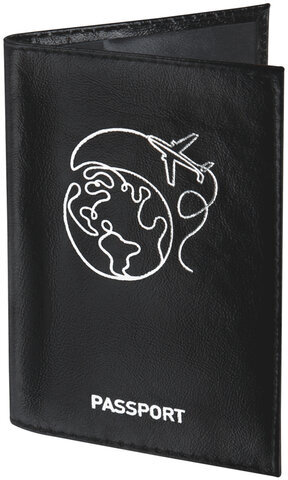 Обложка для паспорта натуральная кожа "наплак", тиснение серебром "Airplane", черная, BRAUBERG, 238212