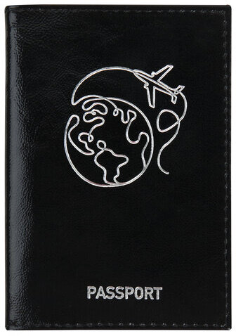 Обложка для паспорта натуральная кожа "наплак", тиснение серебром "Airplane", черная, BRAUBERG, 238212