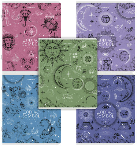 Тетрадь А5, 48 л., BRAUBERG, скоба, клетка, матовая ламинация, фольга, "Zodiac Symbol" (микс в спайке), 404369