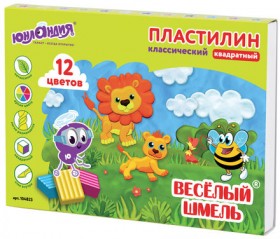 Пластилин классический ЮНЛАНДИЯ &quot;ВЕСЁЛЫЙ ШМЕЛЬ&quot;, 12 цветов, 204 г, СО СТЕКОМ, КВАДРАТНЫЙ, 104823