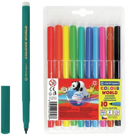 Фломастеры 10 ЦВЕТОВ CENTROPEN "Colour World", круглые, смываемые, 7550/10TP, 775501084