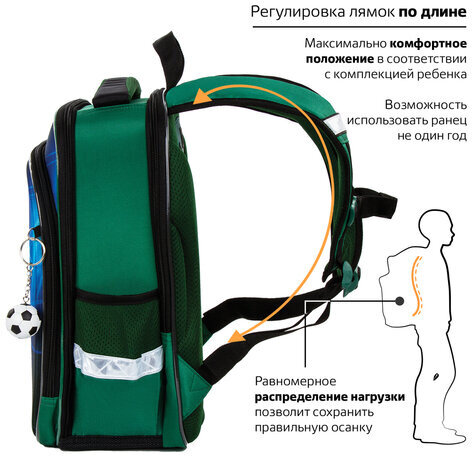 Ранец BRAUBERG QUADRO, 3 отделения, с брелком, "Fire football", 37х28х18 см, 229956
