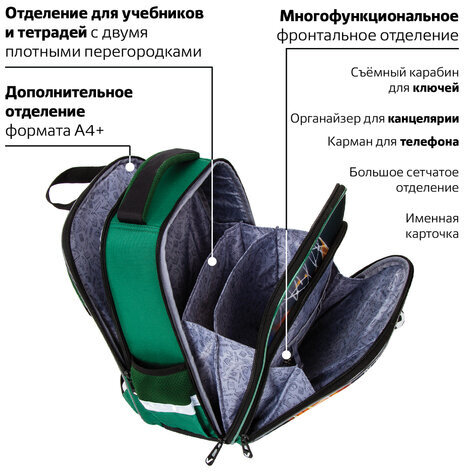 Ранец BRAUBERG QUADRO, 3 отделения, с брелком, "Fire football", 37х28х18 см, 229956