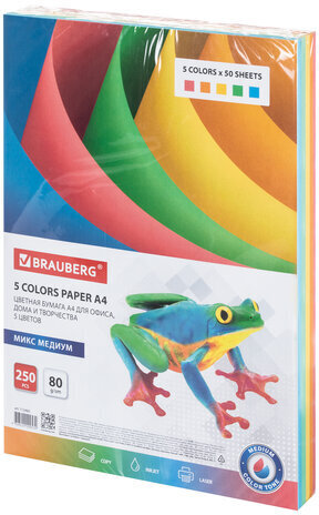 Бумага цветная BRAUBERG, А4, 80 г/м2, 250 л., (5 цветов х 50 л.), медиум, для офисной техники, 112465