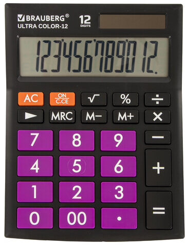 Калькулятор настольный BRAUBERG ULTRA COLOR-12-BKPR (192x143 мм), 12 разрядов, двойное питание, ЧЕРНО-ФИОЛЕТОВЫЙ, 250501
