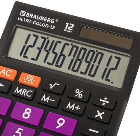 Калькулятор настольный BRAUBERG ULTRA COLOR-12-BKPR (192x143 мм), 12 разрядов, двойное питание, ЧЕРНО-ФИОЛЕТОВЫЙ, 250501