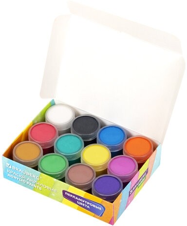 Краски акриловые ПЕРЛАМУТРОВЫЕ для рисования и творчества 12 цветов по 20 мл, BRAUBERG HOBBY, 192436