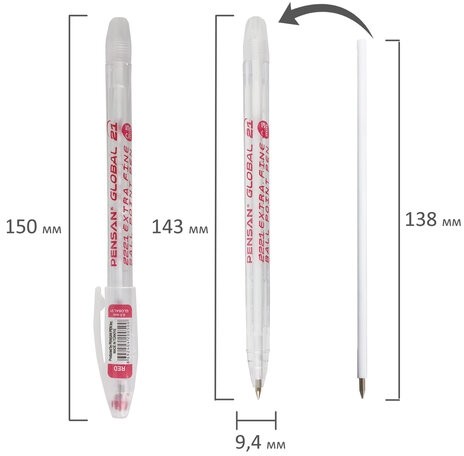 Ручка шариковая масляная PENSAN "Global-21", КРАСНАЯ, корпус прозрачный, узел 0,5 мм, линия письма 0,3 мм, 2221, 2221/12