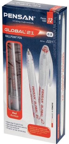 Ручка шариковая масляная PENSAN "Global-21", КРАСНАЯ, корпус прозрачный, узел 0,5 мм, линия письма 0,3 мм, 2221, 2221/12