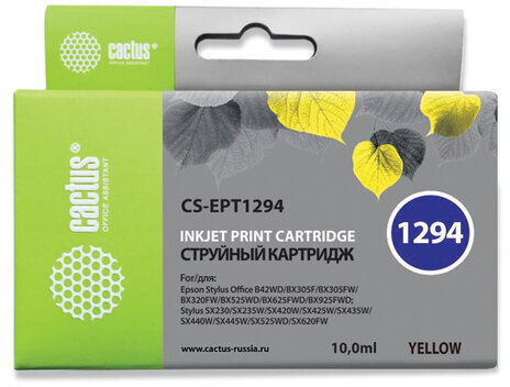 Картридж струйный CACTUS (CS-EPT1294) для EPSON Stylus B42WD/BX305W/BX625WD, желтый