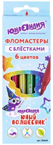 Фломастеры с блестками ЮНЛАНДИЯ 6 цветов, &quot;ЮНЫЙ ВОЛШЕБНИК&quot;, ударопрочный наконечник, вентилируемый колпачок, картон, 151649