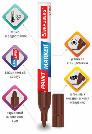 Маркер-краска лаковый EXTRA (paint marker) 4 мм, КОРИЧНЕВЫЙ, УСИЛЕННАЯ НИТРО-ОСНОВА, BRAUBERG, 151987