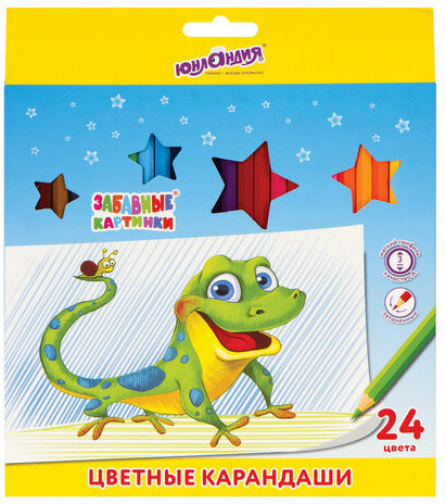 Карандаши цветные мягкие ЮНЛАНДИЯ "ЗАБАВНЫЕ КАРТИНКИ", 24 цвета, классические, заточенные, 181645