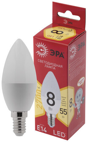 Лампа светодиодная ЭРА, 8(55)Вт, цоколь Е14, свеча, теплый белый, 25000 ч, LED B35-8W-2700-E14, Б0050694