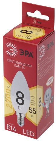 Лампа светодиодная ЭРА, 8(55)Вт, цоколь Е14, свеча, теплый белый, 25000 ч, LED B35-8W-2700-E14, Б0050694