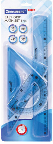 Набор чертежный BRAUBERG "EXTRA" (линейка 30 см, 2 угольника, транспортир), тонированный голубой, 210747