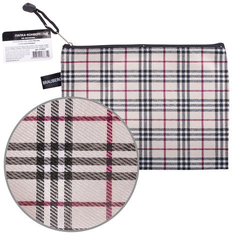 Папка-конверт на молнии МАЛОГО ФОРМАТА (238х180 мм), А5, ткань в клетку, BRAUBERG "Checked", 223893