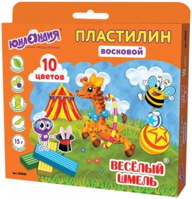 Пластилин восковой ЮНЛАНДИЯ &quot;ВЕСЕЛЫЙ ШМЕЛЬ&quot;, 10 цветов, 150 г, СО СТЕКОМ, европодвес, 105035