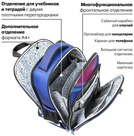 Ранец BRAUBERG QUADRO, 3 отделения, с брелком, "Rapid style", 37х28х18 см, 270603