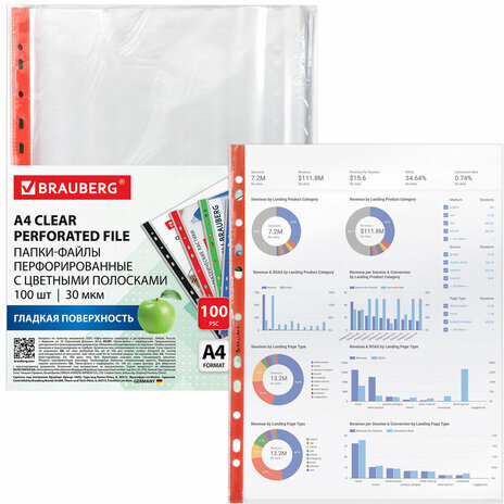 Папки-файлы перфорированные с цветными полосками А4 BRAUBERG, КОМПЛЕКТ 100 шт., гладкие, 30 мкм, 271827
