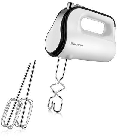 Миксер BRAYER BR1300, 350 Вт, 5 скоростей, 2 венчика, 2 крюка для теста, турборежим, белый