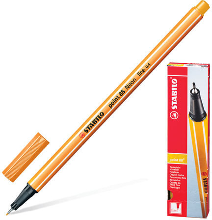 Ручка капиллярная (линер) STABILO "Point 88", НЕОНОВАЯ ОРАНЖЕВАЯ, корпус оранжевый, линия письма 0,4 мм, 88/054