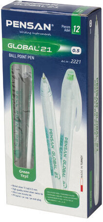 Ручка шариковая масляная PENSAN "Global-21", ЗЕЛЕНАЯ, корпус прозрачный, узел 0,5 мм, линия письма 0,3 мм, 2221, 2221/12