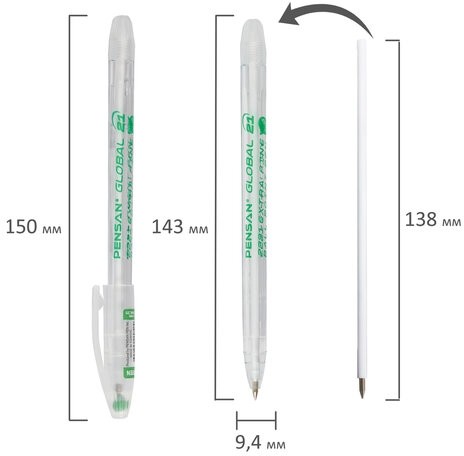 Ручка шариковая масляная PENSAN "Global-21", ЗЕЛЕНАЯ, корпус прозрачный, узел 0,5 мм, линия письма 0,3 мм, 2221, 2221/12
