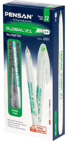 Ручка шариковая масляная PENSAN "Global-21", ЗЕЛЕНАЯ, корпус прозрачный, узел 0,5 мм, линия письма 0,3 мм, 2221, 2221/12