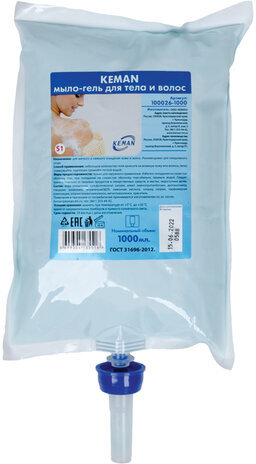 Картридж с жидким мылом-гелем для тела и волос одноразовый (Система S1), 1 л, KEMAN, 100026-1000