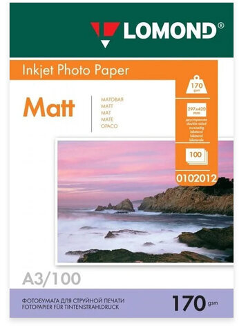 Фотобумага матовая БОЛЬШОГО ФОРМАТА, A3, 170 г/м2, двусторонняя, 100 листов, LOMOND, 0102012