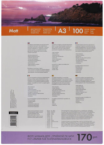 Фотобумага матовая БОЛЬШОГО ФОРМАТА, A3, 170 г/м2, двусторонняя, 100 листов, LOMOND, 0102012