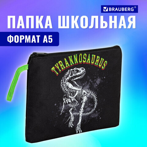 Папка для тетрадей BRAUBERG А5, 1 отделение, полиэстер, на молнии, с ручкой, "Tyrannosaur", 272203