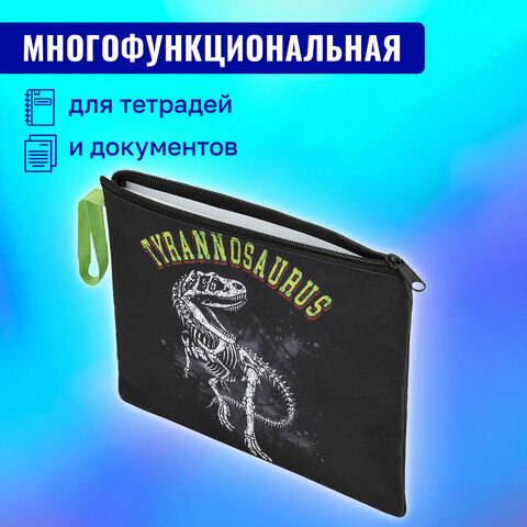 Папка для тетрадей BRAUBERG А5, 1 отделение, полиэстер, на молнии, с ручкой, "Tyrannosaur", 272203